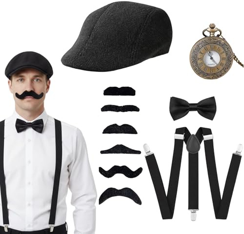 DvBCNMe 1920er Herren Outfit, Gatsby Herren Kostüm mit Vintage Accessoires, Ideal für Karneval und 20er Jahre Themenpartys, Komplettset mit Hut, Hosenträgern, Fliege und Taschenuhr in 6 Bartoptionen