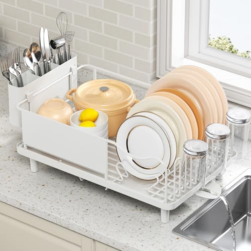 Dish Drainer Rack, Stainless Steel Dish Rack, Draining Board Rack with Anti-Rust Frame, Optional 2 Direction Spout Sink Drain Board Design, Removable Large Utensil Holder for Kitchen, Off-White