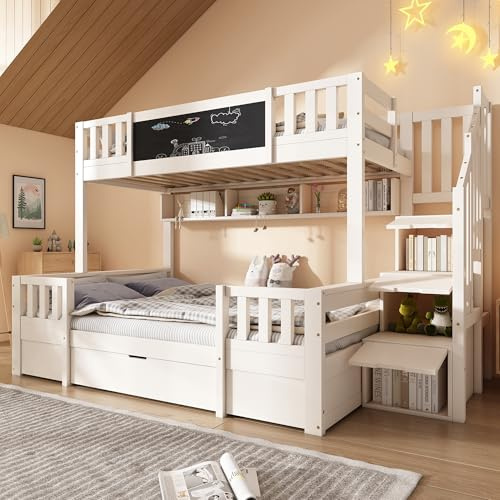 LTGB Bunk Beds for Kids, Staircase Bunk with Drawers and Chalkboard, Children's Bed with Storage Space, Double Bunk Bed for Family with Multiple Children, (90+135) x 190 cm, Solid Wood, White