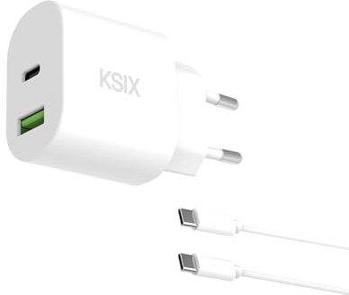 KSIX Cargador de Red 30W, Cable USB-C a USB-C 1 m, Carga rápida, Power Delivery, GAN, Blanco
