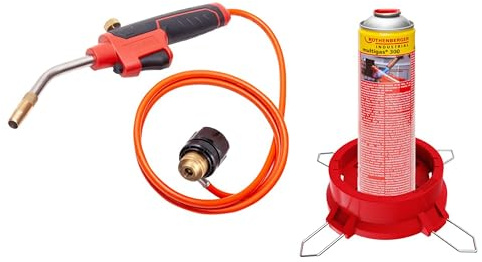 ROTHENBERGER Industrial Multibrenner Set Lötgerät | 1,35 m Propan-Gasschlauch, 1 x Multigas Kartusche 600 ml, Standfuß für Gaskartuschen, Hart- und Weichlöten, 800°C