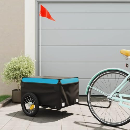 QUAHEAS Fahrradanhänger aus Eisen Schwarz Blau, 30 kg Tragkraft, 120 x 54 x 44 cm, mit Deichsel, Sicherheitsflagge, faltbar für Lasten Transport, Gepäck, Einkauf, Outdoor, Reise