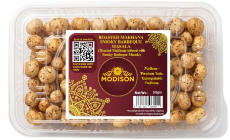 MODISON Roasted Makhana Smoky Barbeque Masala 80g, BBQ Flavoured Fox Nuts Snack, Roasted Lotus Seeds, Crunchy Savoury Healthy Snack, Gluten Free Vegan Protein Rich Munching for Tea Time UK