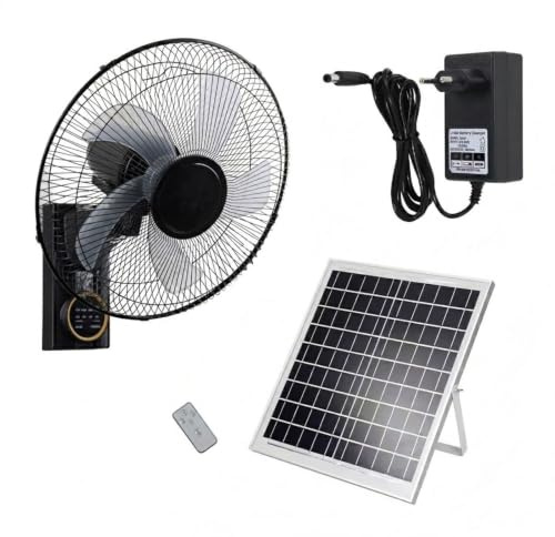 Genérico Ventilador de Pared Solar, Ventilador Exterior Potente con Placa Solar y Batería, Ventilador de Pared Silencioso con Mando a Distancia, Oscilante 90° para Terraza y Camping