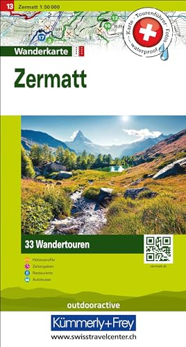 Kümmerly+Frey Wandertourenkarte 13 Zermatt 1:50.000: Mit 33 Tourenvorschlägen, Wetterfest inkl. Höhenprofil & Zeitangabe pro Tour