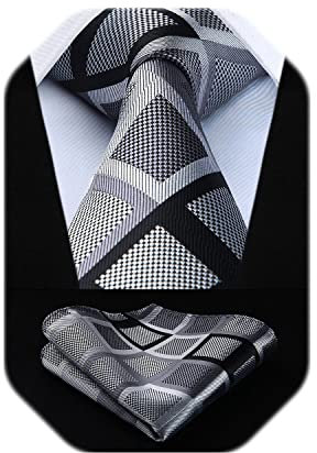 HISDERN Krawatten Silber Herren Formelle Klassische Krawatte mit Einstecktuch Hochzeit Karierte Herrenkrawatte und Taschentuch Set für Männer