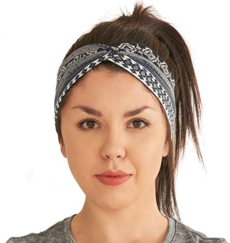 Boho Turban Headbands for Women - Cotton Stretchy Head Wraps Criss Cross Twist Hair Band Bohemian Ottoman Print Hairband Grey