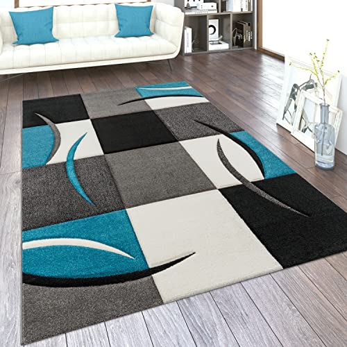 Paco Home Tapis De Salon en Diff. Coloris Et Tailles Motif Carreaux Rayures Design 3D Poils Ras, Dimension:60x110 cm, Couleur:Turquoise