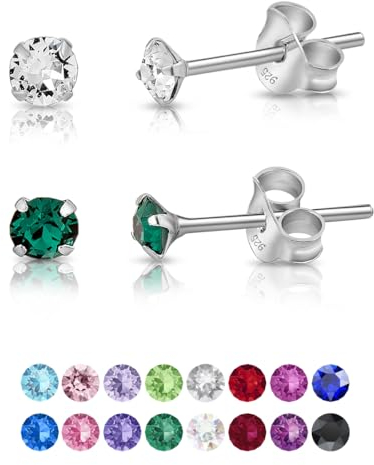 DTPsilver - 2 PAIRES de * MINI * Boucles d'oreilles/Clous en Argent Fin 925 et Cristaux de Swarovski® Elements Ronds - Diamètre: 3 mm - Couleur: Cristal Clair + Emeraude