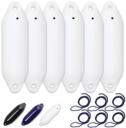 HonuNautic 6er Set Fender incl. Fenderleinen | U-Serie | Farbe: Weiß | Größe: Ø 22 x L 64 cm | Boot & Yacht Stegfender, Langfender