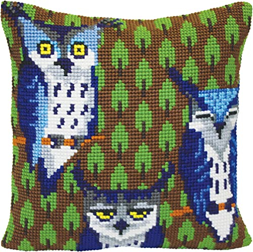 Collection d'Art 5417 Eulen im Wald Stickkissen Kreuzstich-Set, Baumwolle, Mehrfarbig, 40x40cm