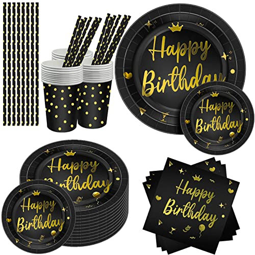 NINEFO 120 pcs Assiette Jetable Anniversaire Noire Or, 24 invités Assiettes Carton Noire Gobelets Pailles en Papier et Serviettes pour Fête Anniversaire Femme Homme
