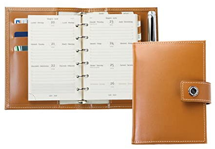 DELMON VARONE - Mini Pocket A6 Kalender 2025 Cambridge Top Grain Leder braun - Terminkalender Ringbuch & A-Z Telefonregister - Organizer Terminplaner mit Wochenansicht (1 Woche auf 2 Seiten)