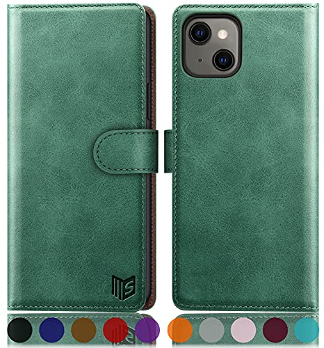 SUANPOT Cover per iPhone 13 6,1 pollici Blocco RFID Portafoglio Slot CarteSupporto Cellulare Magnetica custodia Pelle Sintetica Cover per apple 13 Verde Chiaro