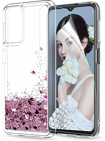 LeYi Glitzer Hülle für Samsung Galaxy A13 4G Sparkling Handyhülle und HD Schutzfolie,Bling Flüssige Transparent Cover Flüssighülle Case TPU Silikon Clear Schutzhülle Handy Hüllen Mädchen Rosegold