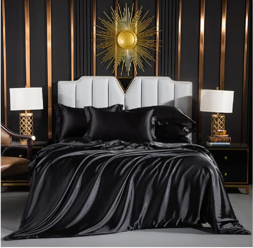 Luofanfei Bettwäsche Satin Schwarz 200x200 Glänzend Einfarbig Schwarze Bettbezug Set Seide Glatt Luxus Bettwäsche Set Glanzsatin Polyester mit Reissverschluss und Kissenbezüge 80x80 cm