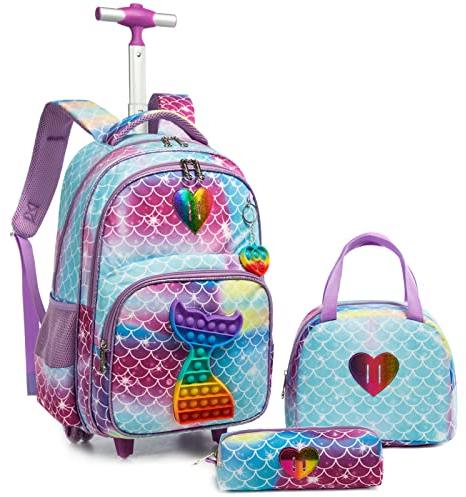 Egchescebo Carrello Porta Zaino Trolley Scuola Media Elementare Astuccio Bambina Trolley Ragazza con Ruote per Lunch Box,3PCS Borsa a Rotelle per Ragazze Color Arcobaleno con Giocattoli a Sirena