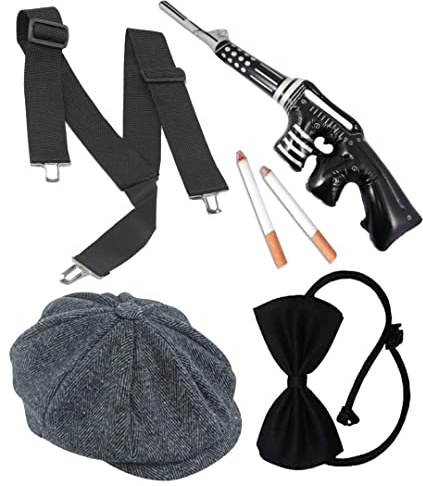Herren 1920er Jahre Mafia God Father Peaky Blinders Gangster Kostüm Set | Schirmmütze, Hosenträger, schwarze Fliege, künstliche Zigarette und Tommy Gun, schwarz / grau, Einheitsgröße