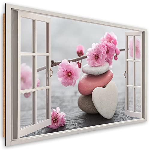 Feeby - Wandbilder Wohnzimmer 90x60 cm, Deko Paneel Bilder, Bilder für Schlafzimmer, Echter Gemalter Effekt, Moderne Wanddeko, Gemälde - Fensterblick, Zen, Spa - Rosa