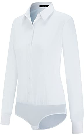 Tapata Womens Bodysuit Blouse Button Down One-Piece Long Sleeve Solid Office Work Shirt Casual Tops, White, Medium
