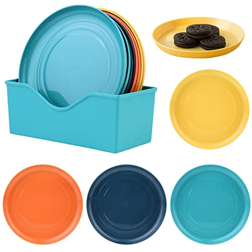 Vegena Juego de 12 Platos de Plástico en 4 Colores - Pequeños, Reutilizables para Desayuno y Postre - Con Estante de Almacenamiento (Redondos)