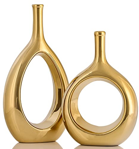 Gold Keramik Vase Satz von 2 für Moderne Home Decor,Runde Matte Vasen für Pampasgras, Neutral Boho Nordic Minimalismus Stil Blumenvasen,Zimmer Deko für Geschenk