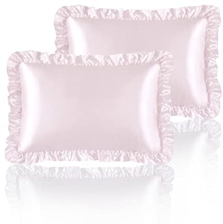 HommxJF Seidige Satin-Kissenbezüge mit Rüschen für Haar und Haut, Blush Pink, Standard-Set, 2er-Set, mit Hotelverschluss, Prinzessinnen-Raumdekoration