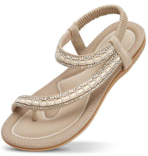 ZOEREA Damen Sandalen Sommer Flach Sandals Frauen Bohemia Strass Sandals PU Leder Elastischen Strand Sommerschuhe Zehentrenner Stil 4 Beige, 38 EU