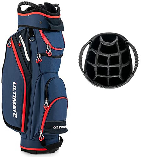 GYMAX Sac pour Chariot de Golf, Grande Capacité avec 14 Compartiments, 8 Poches, Sac pour Golf avec Capuchon de Pluie, Bandoulière (Bleu)