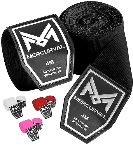 MERCURYAL Fasce Boxe 4 Metri - Bendaggi Boxe - Fascette Boxe - Boxe Sottoguanti Interni Bende - Fasce da Boxe - Bende Boxe per MMA, Muay Thai, Arti Marziali, Kickboxing da Combattimento (Nero, 4 M)