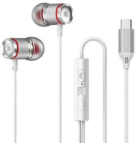 jj-shop24 In-Ear USB-C Kopfhörer Sport Headset BASS für iPhone Huawei Samsung iPad Xiaomi Google weiß Silber mit Kabel und Mikrofon