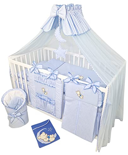 Bello24 - 14 Teiliges Kinderbettwäsche Babybettwäsche Komplettset ohne Bett Bestickt mit Teddybär auf dem Mond Blau (90x120 cm)