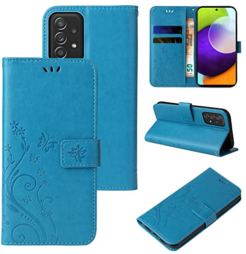 LBH Handy Hülle für Samsung Galaxy A52 / A52 5G / A52s 5G Case Handytasche Schmetterling Blumen Flower Standfunktion Schutzhülle Magnet Rundum Schutz 360 Grad Flipcase Cover Blau