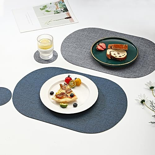 Oval Table Mats Set of 6, Faux Leather Placemats, Heat Resistant & Waterproof(Navy/Grey)