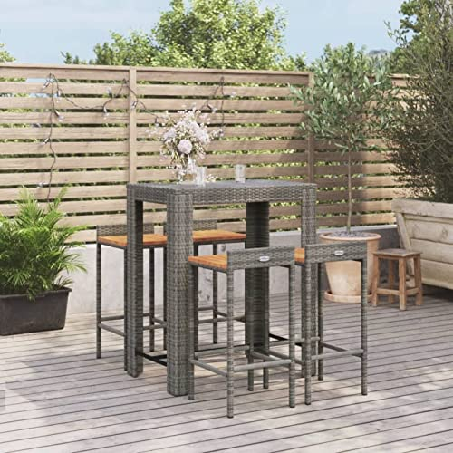 BULANED 5-TLG. Gartenbar-Set, Outdoor Möbel Wetterfest, Bartisch Set, Gartenmöbel Set, Gartenbar Outdoor, Outdoor Bar, Gartengarnitur, Grau Poly Rattan & Massivholz Akazie