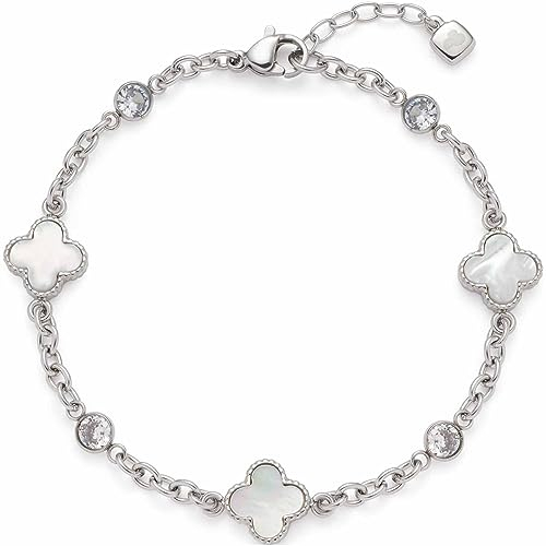 Leonardo Jewels Minelli Damen Armband aus Edelstahl mit Kleeblatt Anhänger aus Perlmutt und Zirkonia Steinen, Länge 18,5-20,5 cm, Schmuck Geschenk 023195