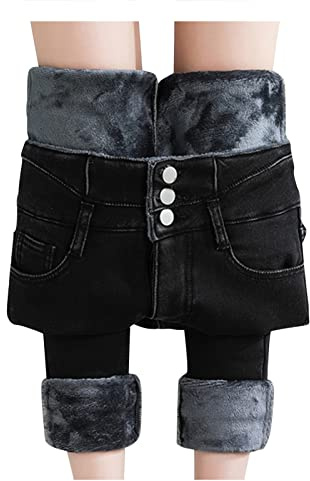Fleece Gefütterte Schwarze Jeggings für Frauen Plus Samt Stretch Jeans für Frauen UK Gerade Bein Slim Fit Damen Hosen Winter Thermische Leggings Frauen Einfarbig Warme Freizeithose Denim Jeans
