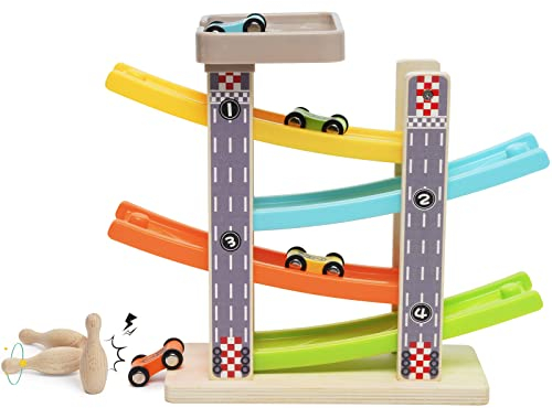 Rampa para Coches Juguete, Circuito Coches Madera Montessori con 4 Coches y 3 Bolos, Tobogán de Coche en Zigzag Juguetes, Garaje Coches Juguete, Parking Coches Juguete, Pista de Coches para Niños
