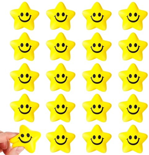 Koogel 20 Stück Stern Lächeln Gesicht Stressbälle,5cm Stern Anti Stress Spielzeug Bälle Antistressbälle für Kinder Erwachsene Mitgebsel Gastgeschenke Kindergeburtstag