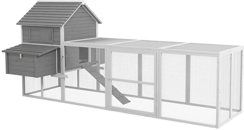 Pawhut Pollaio per Galline Ovaiole da Esterno, Casetta per Galline con Rampa e Area Aperta Recintata, 310.5x149.5x149cm, Grigio