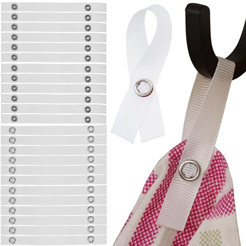 Nähfrei-Aufhänger für Textilien, 24 Pack, 150 x 12 mm Schlaufen, in Weiß, mit Druckknopf Verschluss, Aufhänger Laschen für Geschirrhandtuch, Bad Handtuch, Lappen, Tuch, Dekoartikel, Camping Zubehör