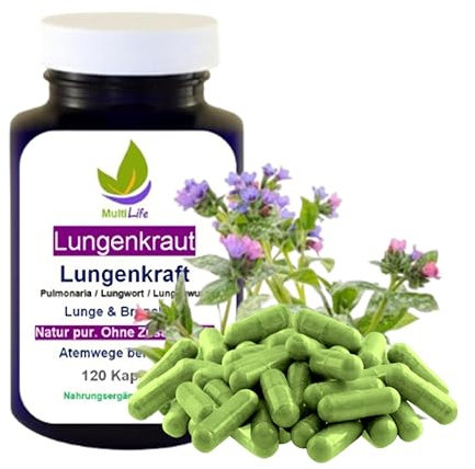 LUNGENKRAUT 120 Kapseln LUNGENPOWER Lungenkraft Atem Komplex - Lungenreinigung - LUNGE & ATEMWEGE - Pulmonaria Lungwort Lungenwurz - Auch für Raucher und bei Feinstaub [OHNE ZUSATZSTOFFE] 27380-120