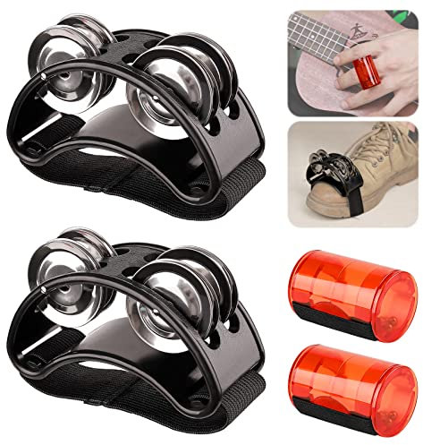 Rigych 2 pcs Rhythm Finger Shaker & 2 pcs Foot Tambourine with Elastic Strap, Percussion Musical Instrument Set for Ukulele Guitar Drum Mandolin Banjo Playing