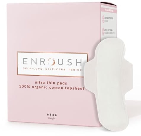ENROUSH Organic Cotton Sanitary Pads, Ultra-Absorbent, Maxi 8 Pcs | Menstrual pads with wings for women - pure, hypoallergenic & irritation-free. A healthy choice for your body.