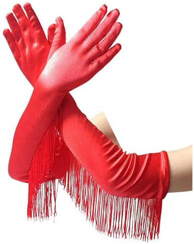 NiceYnn Long Satin Tassel Gloves for Women Girl 1920s Stretchy Opera Fringe | Elbow Gloves Bridal Wedding Prom Mittens Fingerless Gloves for Fancy Dress Costume Rave Evening Party Halloween Cosplay