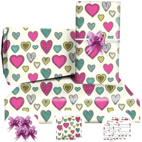 Papier Cadeau,Papier Cadeau Anniversaire 85 * 60cm,4 Feuille Avec 2 Noeud Papillon Rose,4 Carte Anniversaire,4 Etiquette,Papier Cadeau Für Enfant Fille Garcon Homme Femme