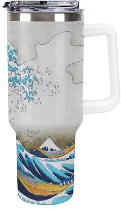 Niapessel Leak Proof Tumbler, Insulated Water Bottles with Straw, Japanese Ocean Art Insulated Cup with Handle 40 Oz Stainless Steel Flask for School, Travel, Car, Sports, Work