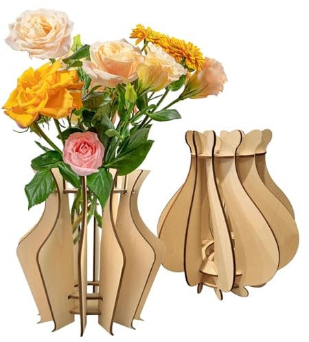 3D-Holz-Puzzle-Vase, 2 Stück, DIY künstlicher Blumenstrauß-Behälter aus Holz, hält bis zu 19 Stiele, Ausstellungsständer, Vase, drehbar, Puzzle-Vase für künstliche Blumen
