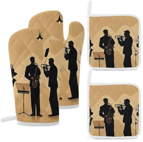 Silhouette of A Jazz Quartet – Ofenhandschuhe und Topflappen-Sets zum Kochen, Grillen, hitzebeständige Handschuhe, Topflappen, rutschfeste Kochhandschuhe für Küche, Backen, Grillen (4 Stück)