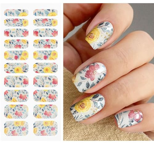 JMEOWIO Gel Nail Stickers Yellow Pink Flower Semi Cured Gel Nail Strips Wraps UV/LED Supplies Design Decoration Accessories